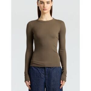 Cotton Citizen Quiet Luxury Verona Ribbed Long Sleeve Top XS Fossil Brown Layer